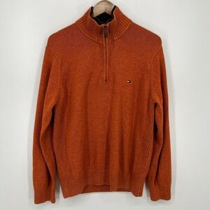 Tommy Hilfiger Knit Sweater Men's Size‎ L Orange 1/4 Zip Pullover Flag Logo